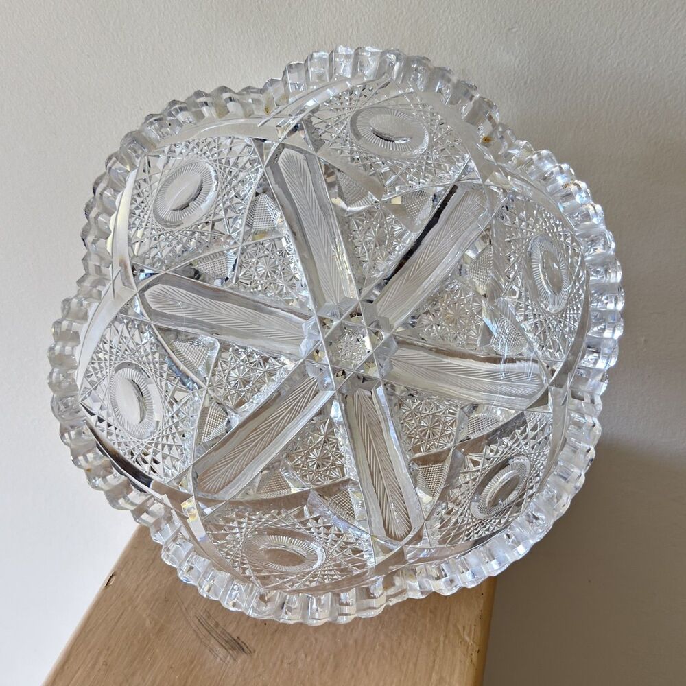 American Brilliant Period Crystal Cut Glass Serving Bowl With Star Pattern